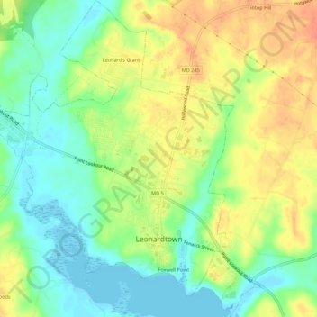 Топографическая карта Leonardtown, высота, рельеф