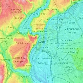 Топографическая карта Лион, высота, рельеф