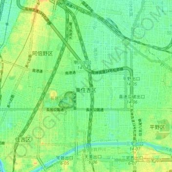 Топографическая карта 東住吉区, высота, рельеф