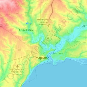 Топографическая карта Мариуполь, высота, рельеф