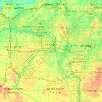 Топографическая карта Лансинг, высота, рельеф