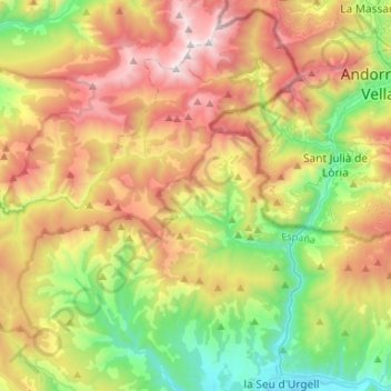 Топографическая карта les Valls de Valira, высота, рельеф
