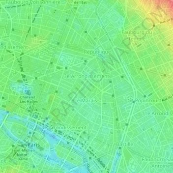 Топографическая карта Paris 3e Arrondissement, высота, рельеф