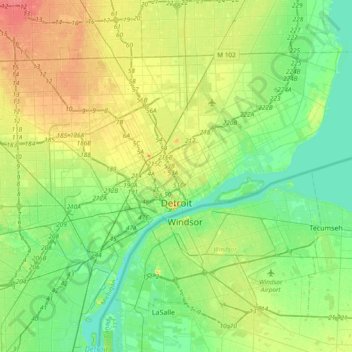 Топографическая карта Детройт, высота, рельеф