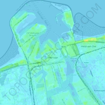 Топографическая карта Zeebrugge, высота, рельеф