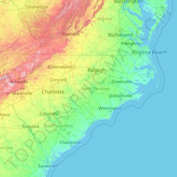 Топографическая карта Северная Каролина, высота, рельеф