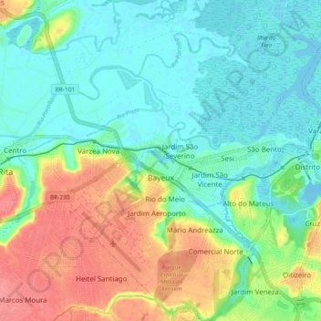 Топографическая карта Bayeux, высота, рельеф