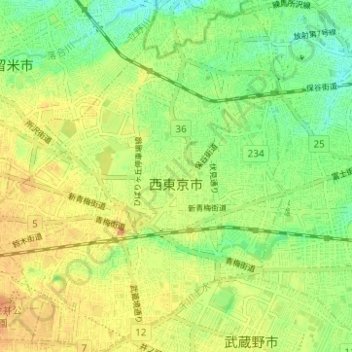 Топографическая карта 西東京市, высота, рельеф