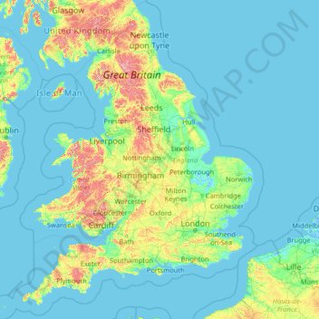 Топографическая карта Англия, высота, рельеф