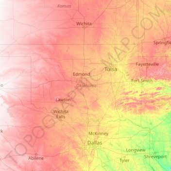 Топографическая карта Оклахома, высота, рельеф