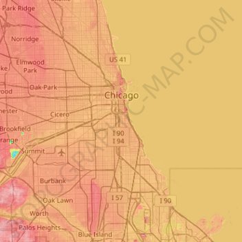 Топографическая карта Чикаго, высота, рельеф