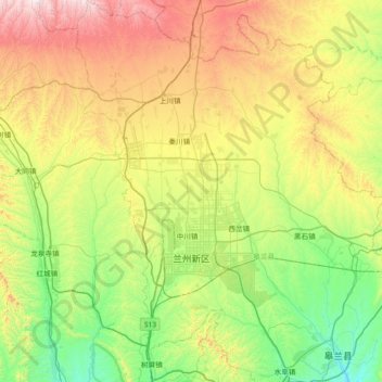 Топографическая карта 兰州新区, высота, рельеф