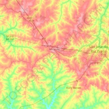 Топографическая карта Mirassol, высота, рельеф