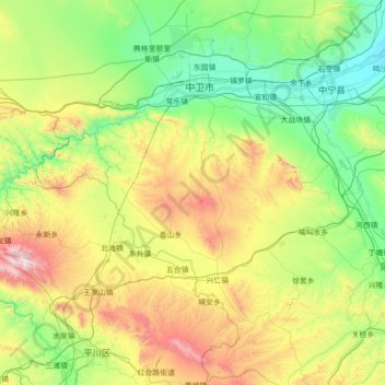 Топографическая карта 沙坡头区, высота, рельеф