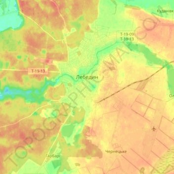 Топографическая карта Лебедин, высота, рельеф