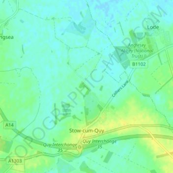 Топографическая карта Stow cum Quy, высота, рельеф