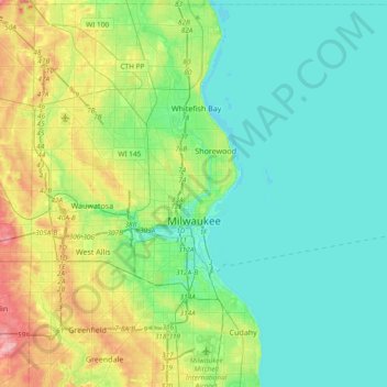 Топографическая карта Milwaukee, высота, рельеф
