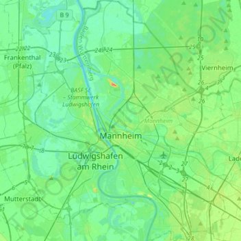Топографическая карта Мангейм, высота, рельеф