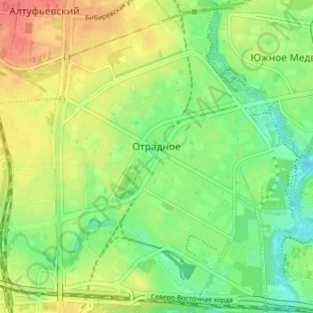 Топографическая карта район Отрадное, высота, рельеф