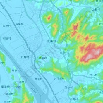 Топографическая карта 板芙镇, высота, рельеф