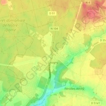 Топографическая карта Lésigny, высота, рельеф