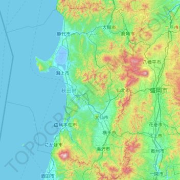 Топографическая карта Акита, высота, рельеф