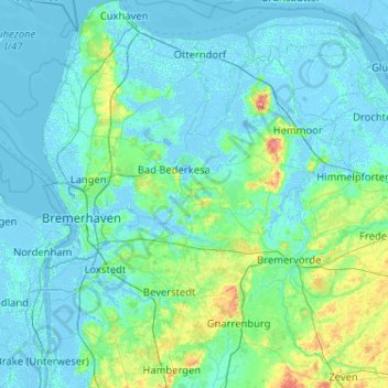 Топографическая карта Landkreis Cuxhaven, высота, рельеф