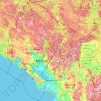 Топографическая карта Черногория, высота, рельеф