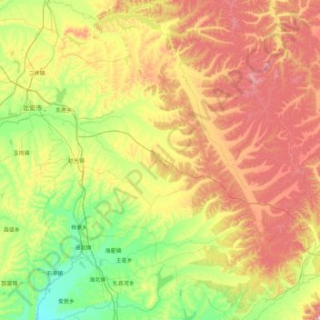 Топографическая карта 北安市, высота, рельеф