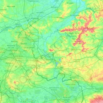 Топографическая карта Tournai-Mouscron, высота, рельеф