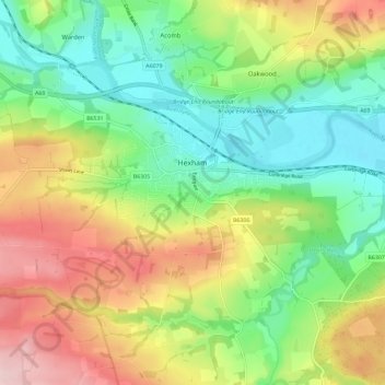 Топографическая карта Hexham, высота, рельеф
