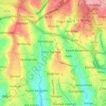 Топографическая карта Багджылар, высота, рельеф