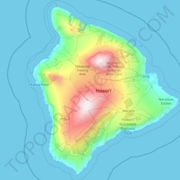 Топографическая карта округ Гавайи, высота, рельеф