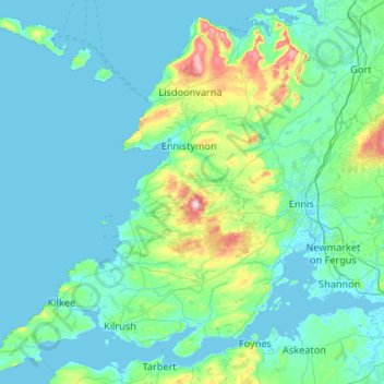 Топографическая карта West Clare Municipal District, высота, рельеф