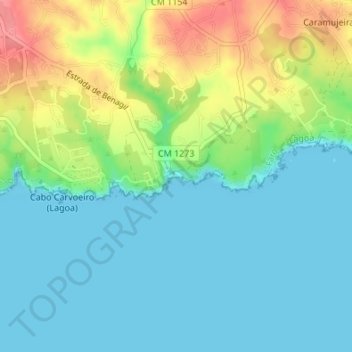 Топографическая карта Praia de Benagil, высота, рельеф