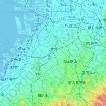 Топографическая карта Сакаи, высота, рельеф