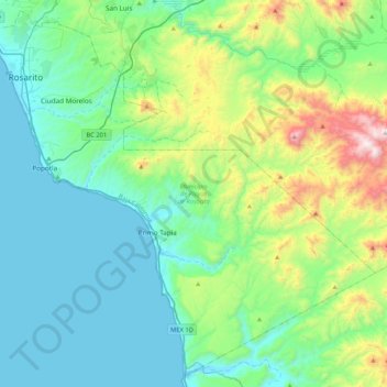 Топографическая карта Municipio de Playas de Rosarito, высота, рельеф