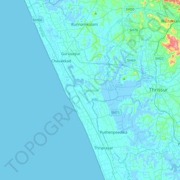 Топографическая карта Chavakkad, высота, рельеф