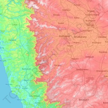 Топографическая карта Kolhapur district, высота, рельеф
