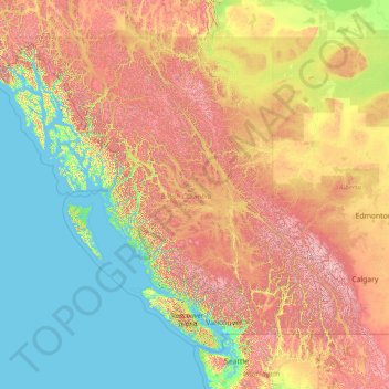 Топографическая карта Британская Колумбия, высота, рельеф