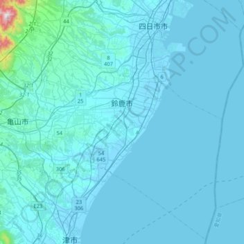 Топографическая карта 鈴鹿市, высота, рельеф