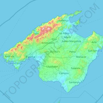 Топографическая карта Мальорка, высота, рельеф