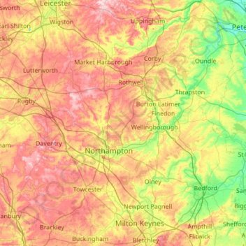 Топографическая карта Northamptonshire, высота, рельеф