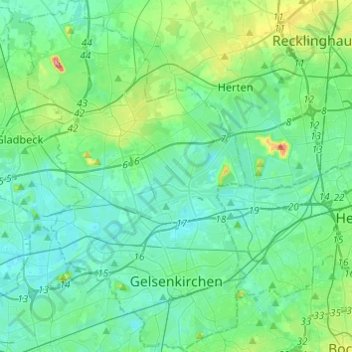 Топографическая карта Gelsenkirchen, высота, рельеф