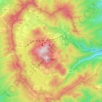 Топографическая карта 箱根町, высота, рельеф