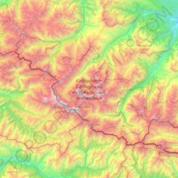Топографическая карта Кабардино-Балкарский высокогорный заповедник, высота, рельеф