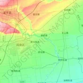 Топографическая карта 阎良区, высота, рельеф