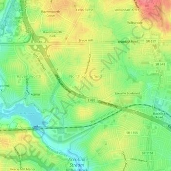 Топографическая карта North Springfield, высота, рельеф