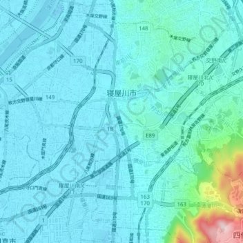 Топографическая карта 寝屋川市, высота, рельеф