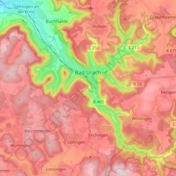 Топографическая карта Bad Urach, высота, рельеф